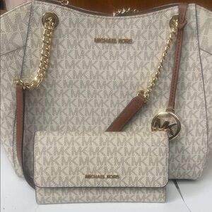Michael Kors Cream and Tan Tote with Gold Details